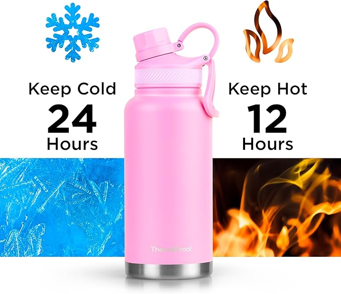ThermoProof Double Walled Vacuum Insulated Stainless Steel Water Bottle - 32oz, Straw Lid & Spout Lid - Leak Proof - Gym, Hiking Bottles for Men, Women & Kids - Hot & Cold (Pink 32oz)