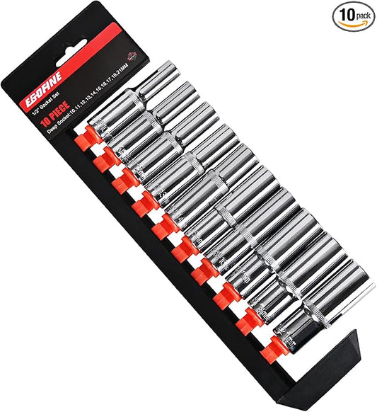 Egofine 10PCS 1/2” Drive Deep Socket Set,Metric Socket Set（10mm-21mm,6 Point Socket Set With Hanging Bracket,Cr-V Steel