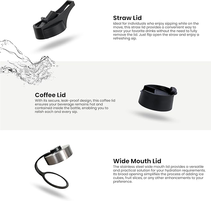 Stainless Steel Water Bottle - 18 Oz Water Bottle with Straw Lid, Coffee Lid, and Wide Mouth Lid - Double Insulated Water Bottle - Metal Water Bottle - Hot and Cold Insulated Thermos - (Black)