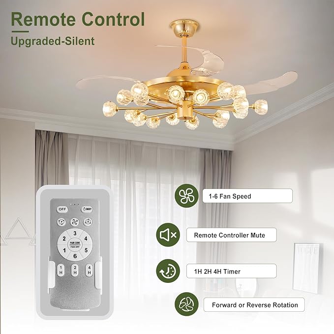 Sputnik Crystal Ceiling Fan Chandelier: 42" Gold Fandelier Ceiling Fans with 18 Lights and Remote Modern - Retractable Fandelier Ceiling Light for Living Dining Room Kitchen Bedroom