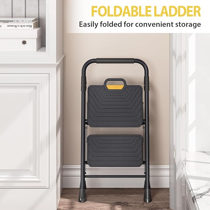 KINGRACK 2 Step Ladder, Sturdy Steel Step Stool with Anti-Slip Wide Pedals, Handrail, Safe-Lock Design, Pass 800lbs Load Testing, Folding Portable Ladder for Multi-Purpose, Home, Kitchen, Black