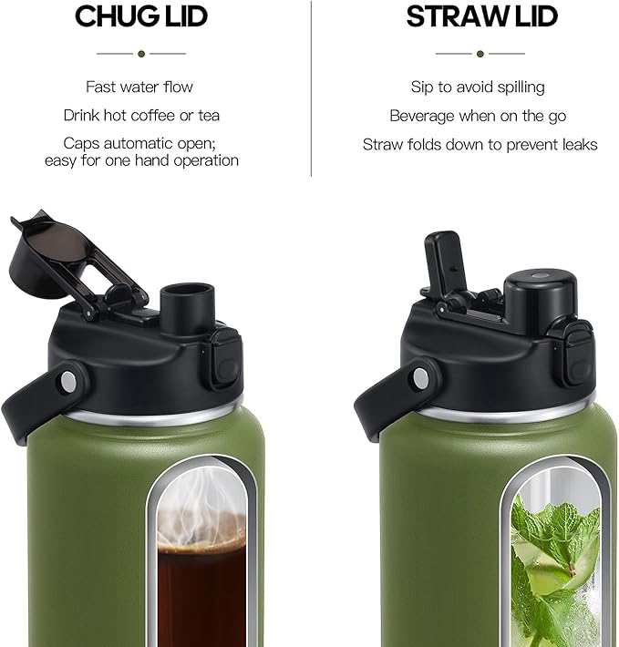 Half Gallon Insulated Water Bottle with 2-in-1 Lid (Chug Lid/Straw Lid), 40/64oz Double Walled Vacuum Stainless Steel Water Bottles, Water Jug with Straw