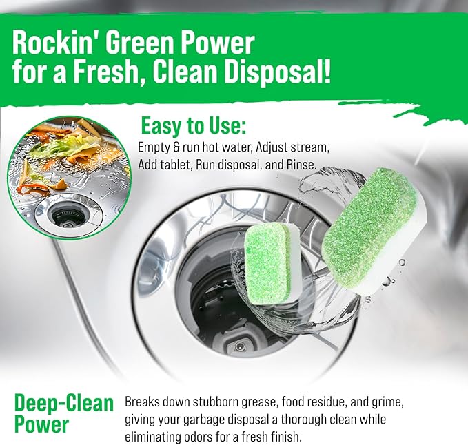 Rockin' Green Deep Cleaning and Deodorizing Tablets for Dishwashers, Washing Machines, and Garbage Disposals, Removes Odor and Residue (Garbage Disposal Cleaning Tablets, 24 Pack)