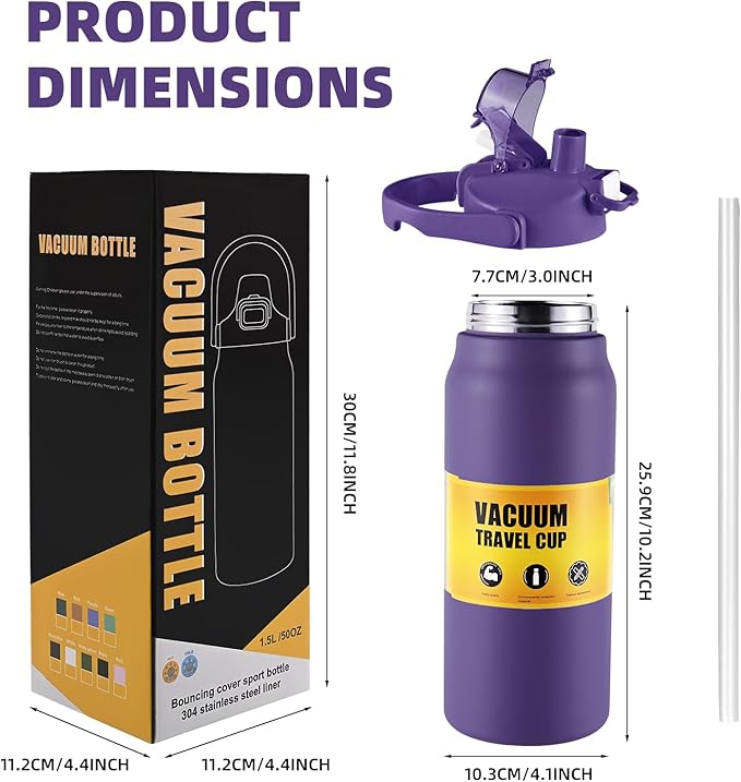 50oz/1.5L Insulated Sports Water Bottle, Stainless Steel Double Wall Water Jug with Handle, 2-in-1 Chug Spout and Straw Lid with Lock Cover for School, Outdoor, Sports & Travel, Purple