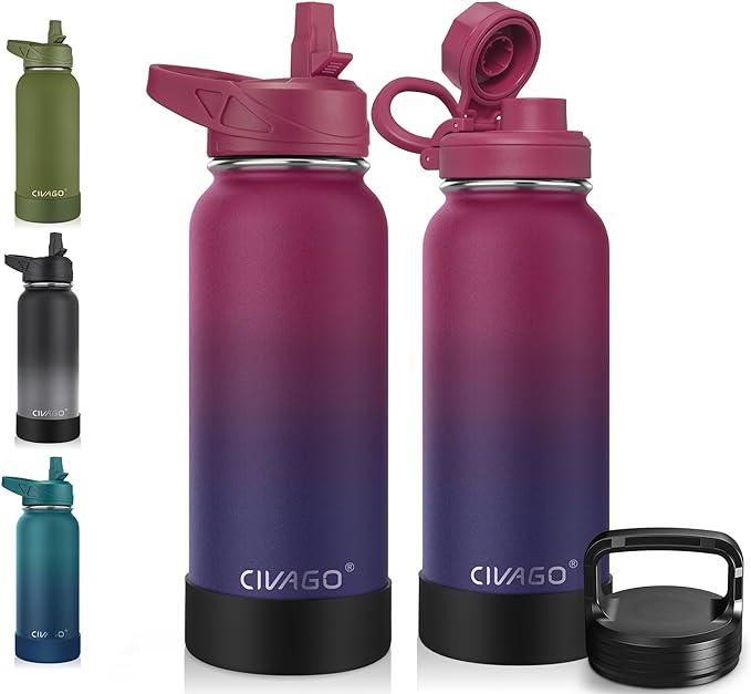 CIVAGO 32 oz Insulated Water Bottle With Straw, Stainless Steel Sports Water Cup Flask with 3 Lids (Straw, Spout and Handle Lid), Wide Mouth Travel Thermal Mug, Dark Rainbow