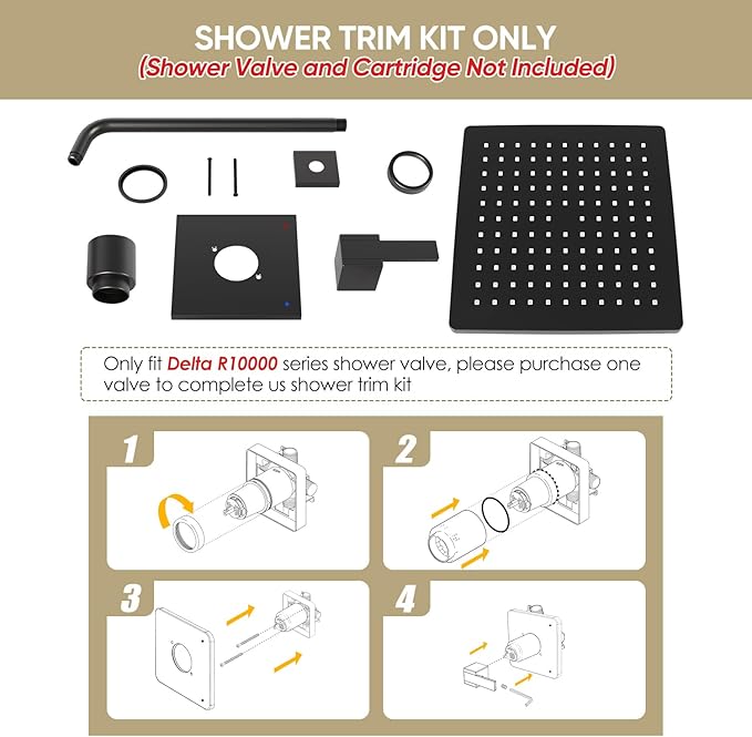 Replacement for Delta Faucet Shower Trim Kit 14 Series, Bathroom Shower Faucet Set with 10-Inch Matte Black Shower Head, 16-Inch Shower Arm Combo（Valve/Cartridge Not Included）