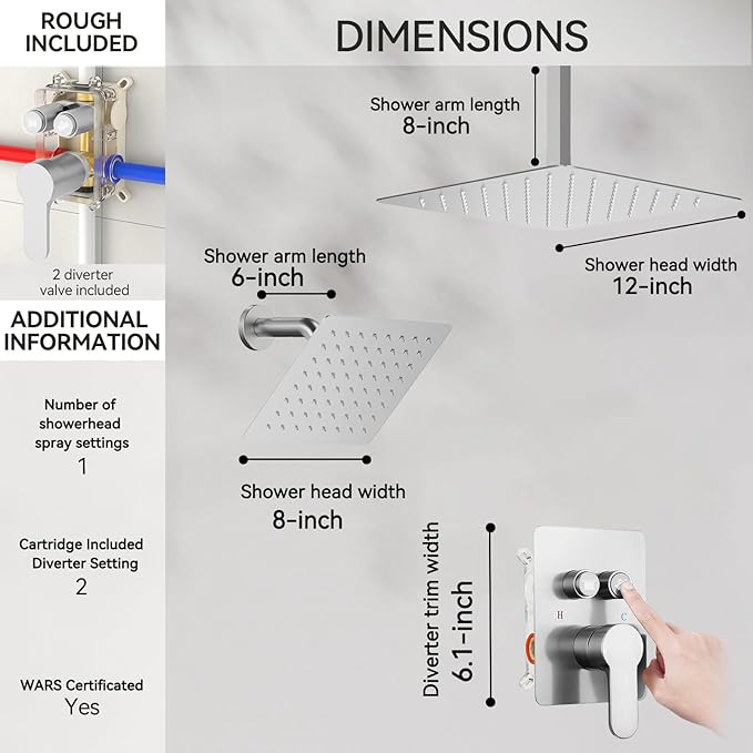 Shower Faucets Sets Shower System Brushed Nickel, STARBATH 12" Ceiling Mount Rain Showerhead and 8" Wall Mounted Rainfall Shower for Couples, On Off Button Valve Dual Head Shower Systems Complete