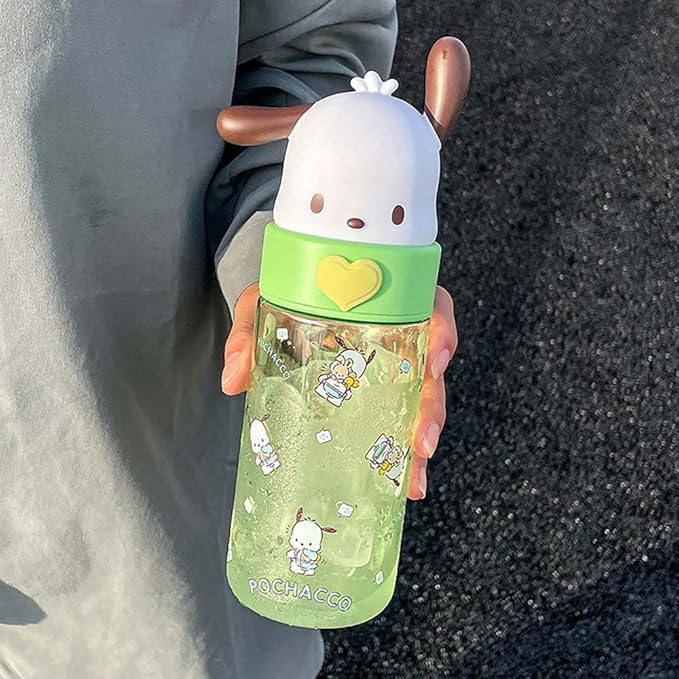Kawaii Cartoon Water Bottle, 500ML Cute Anime Portable Drinking Bottle for Outdoor, Office, Travel, Birthday Gift Green