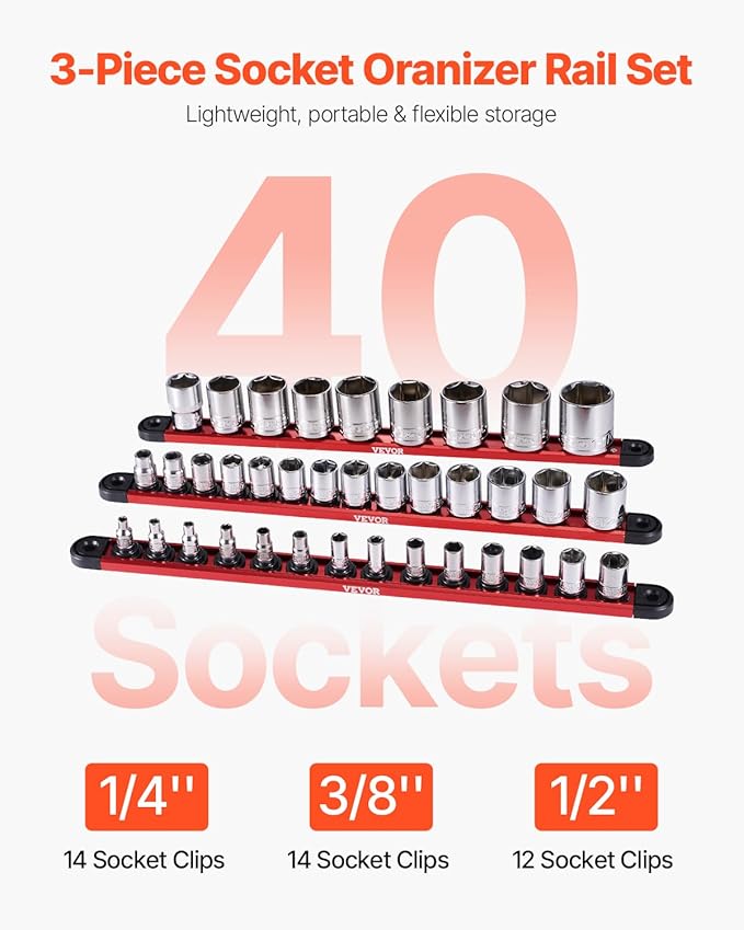 VEVOR Socket Organizer Rail Set, 3PCS Metric & SAE Aluminum Socket Organizers, 1/4'', 3/8'' & 1/2'' Heavy-Duty Socket Holder with 360° Rotating Clips for Tool Box, Hold up to 40 Sockets, Red & Black