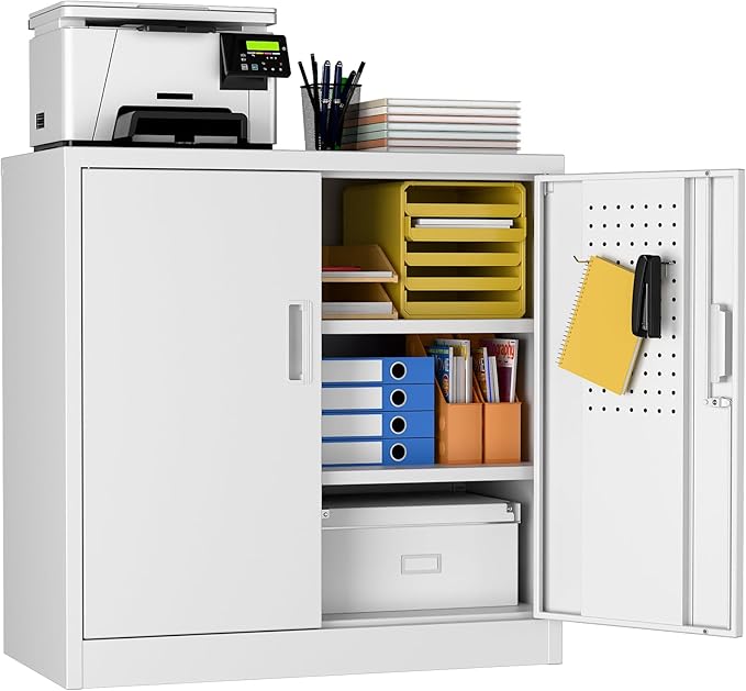 Metal Storage Cabinets with Pegboards and Hooks, 31.5" H Metal Garage Cabinets with Locking Doors and 2 Adjustable Shelves for Home,Office,Garage,School,Assembly Required,White