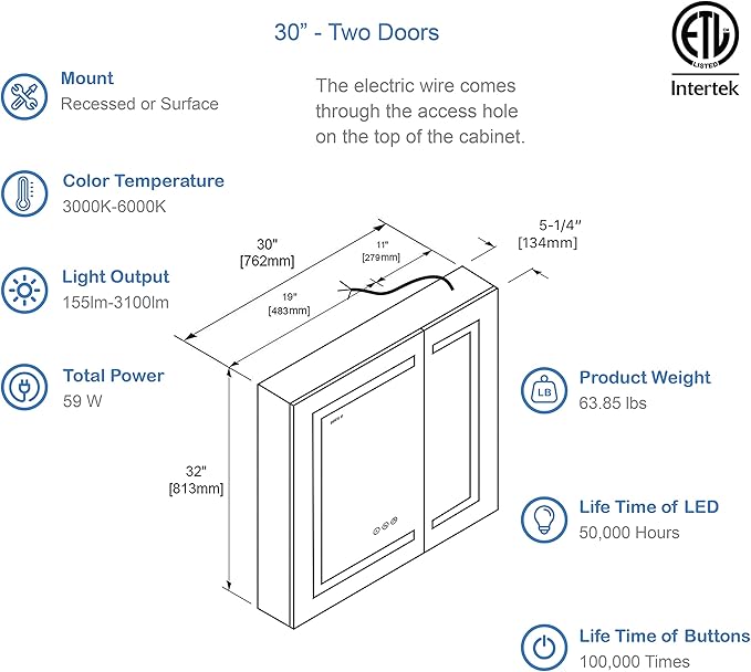 BLOSSOM Recessed or Surface LED Mirror Medicine Cabinet with Lights, LED Medicine Cabinet w/Defogger, Dimmer, 3X Makeup Mirror, Outlets & USB (30x32/Zoom Mirror)