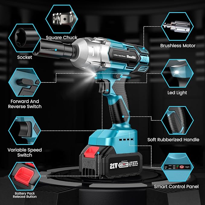 Seesii Cordless Impact Wrench 1/2 inch, High Torque 479 Ft-lbs(650Nm) Brushless Impact Gun,2500RPM w/2x4.0 Battery, 6 Sockets,8 Drill Bits, High Torque Power Impact Driver for Car Home,WH700