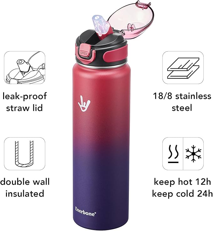 Enerbone Insulated Water Bottle, 32 oz Stainless Steel Water Bottles with Carrying Strap, Double-Wall Vacuum Insulation Thermos, Leakproof Sports Bottle with Straw, Keep Drinks Hot or Cold for Hours