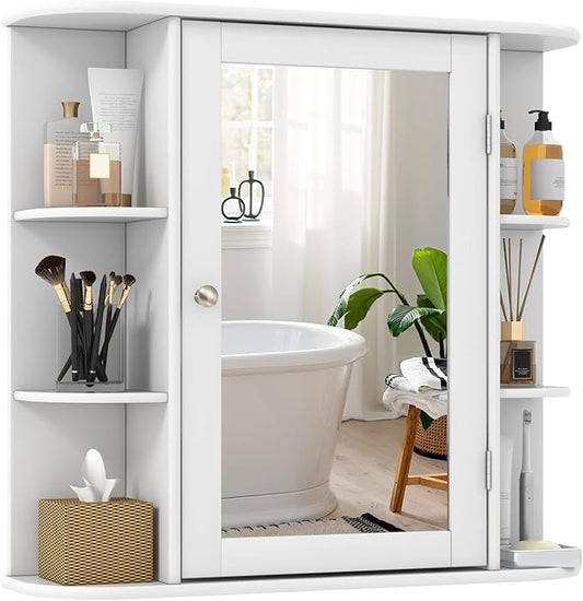 Tangkula Bathroom Medicine Cabinet with Mirror, Wall Mounted Home Storage with Door & 6 Open Shelves, Adjustable Shelves, Mirrored Bathroom Wall Cabinet (White)