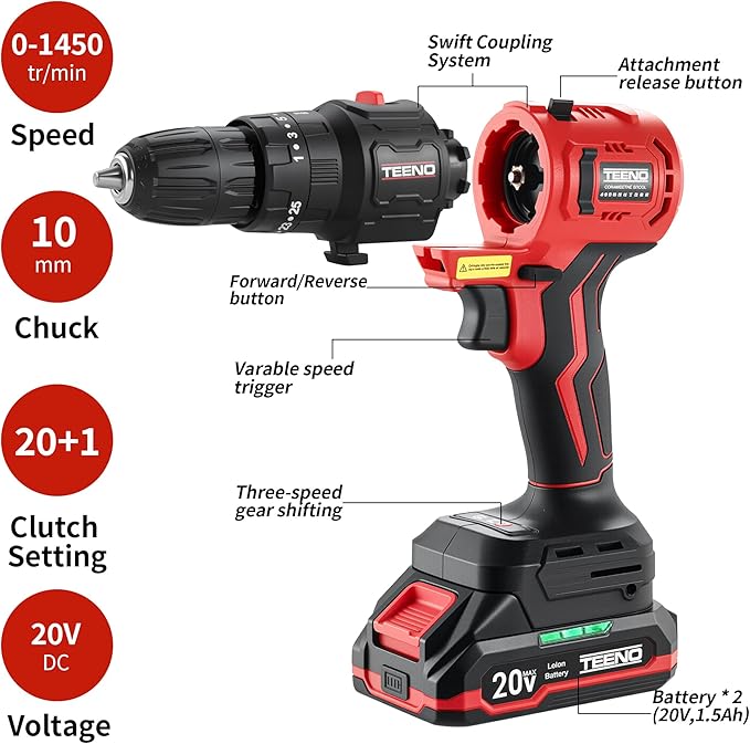 Cordless Drill and Impact Driver, Electric Drill and Impact Driver Combo Kit with 3/8-inch Electric Drill and 1/4-inch Impact Driver with 2 * 1.5A Batteries