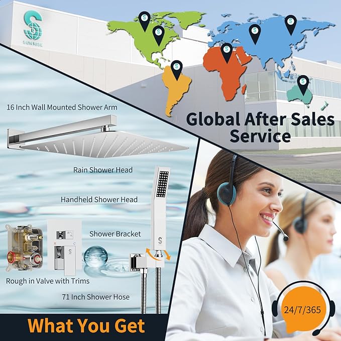 SR SUN RISE Polished Chrome Square Rainfall Shower Head and Handle Set, Wall Mounted Shower Fixtures, Metal Shower Faucet Trim Repair Kits (With Shower Valve) 16 Inches