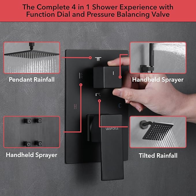 VANFOXLE Shower Faucet Set Matte Black Shower System,Four Modes Shower Faucet with 2 in 1 Handheld,Ceiling Mount 10 Inch Shower Head with 6 Inch Shower Head, 4 PCS Dual Modes Body Jets