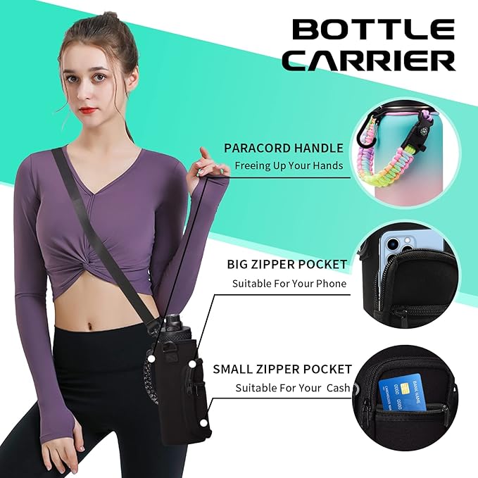 Insulated Stainless Steel Water Bottle - 32oz 40oz 64oz Water Bottles with Straw & Spout Lids, Paracord Handle and Carrier Pouch, Workout Water Flask Bottle for Women Men Sport Outdoor Activities