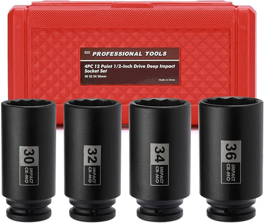 Mayouko 4PCS 1/2" Drive Deep Axle Nut Impact Socket Set, CR-MO, 12 Point Design, Metric, 30,32,34,36mm, 1/2 Inch Extra Deep Impact Socket