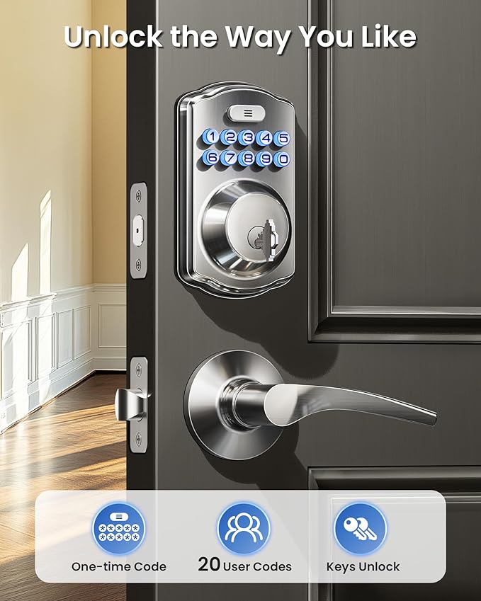 Veise Keyless Entry Door Lock with 2 Lever Handles - Electronic Keypad Deadbolt, Easy Installation Digital Smart Front Door Lock Set, Satin Nickel