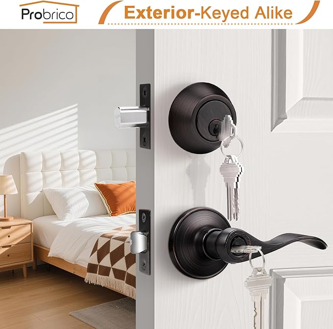 Probrico Exterior Door Lock Set Front Door Handle, Front Door Lock Keyed Alike Oil Rubbed Bronze, Exterior Door Handle with Deadbolt Set, 2 Sets