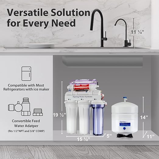 iSpring RCC7AK-UVBLK, NSF/ANSI 58 Certified, Alkaline and UV 7-Stage Reverse Osmosis Water Filter System, Clear Housing for Easy Filter Inspection, Reduces PFAS, TDS, Chlorine, Lead, pH+