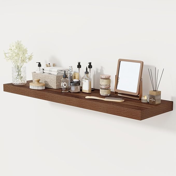 Floating Shelves 48 Inch Long, 12 Inch Deep Floating Shelves for Wall, 48 x 12 Large Wall Shelves for Home Storage & Display, 2" Thicked Floating Shelf for Bedroom, Living Room, Walnut Color, 1 Pack