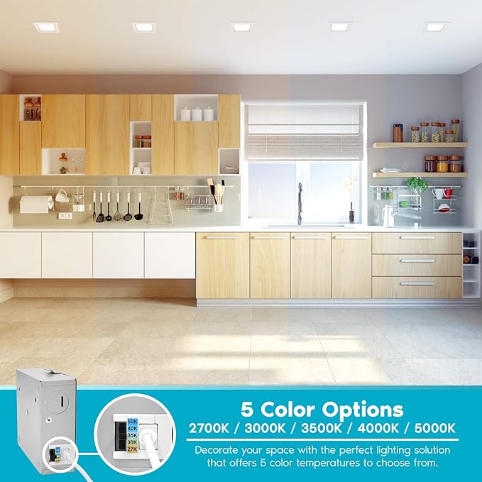 LUXRITE 12 Pack 6 Inch Ultra Thin Square LED Recessed Lighting, 5 Color Options 2700K - 5000K, Dimmable LED Downlight, 12W, IC & Wet Rated, 1000 Lumens, Canless LED Recessed Light, ETL