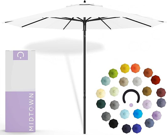 Midtown Umbrellas Push and Pop 9 Feet Outdoor Umbrella, Ivory (White) Polyester Fabric - Fiberglass Ribs Deck Patio Umbrella, Backyard Umbrella, Garden Umbrella & Pool Umbrella - Black Pole