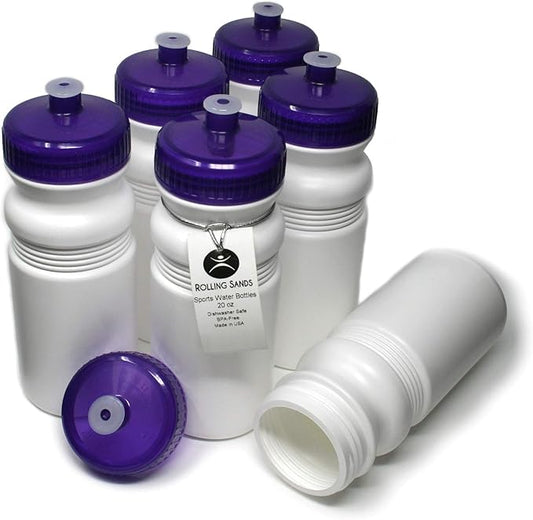 Rolling Sands 20 Ounce Sports Water Bottles 6 Pack, BPA-Free, Made In USA, Dishwasher Safe, White Bottles/Purple Lids