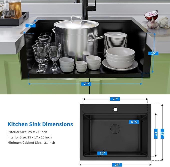 Drop In Black Kitchen Sink,Stainless Steel Sink 16 Gauge,Single Bowl Workstation Sinks (Black, 28" X 22")