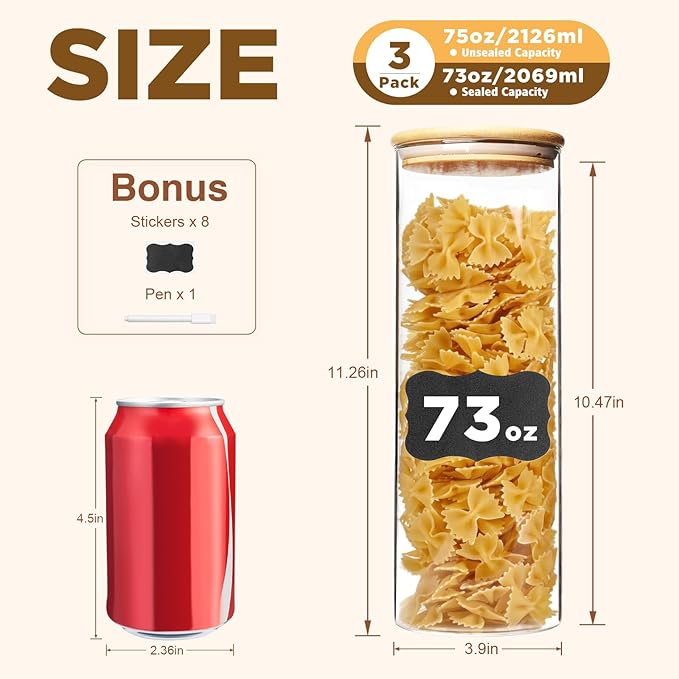 73oz Glass Pasta Storage Jars, Tall Glass Jars with Bamboo Lids, Spaghetti Container, Set of 3, Kitchen Storage Containers for Pasta, Pantry Organizers