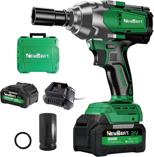 NEWBEAT Cordless Impact Wrench, 1/2 inch Impact Gun, Electric Impact Wrench Max Torque 800 N.m, 21V Brushless with 2 * 4.0Ah Battery and Charger, Power Impact Driver Tools for Men