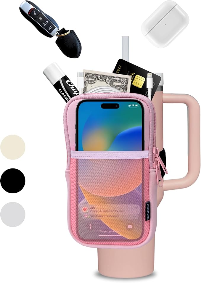 Water Bottle Pouch for Stanley Cups with 20oz 30oz 40oz Stanley Quencher Adventure & Stanley IceFlow, Gym Accessories for Women Tumbler Pouch with Strap & Zipper Cup Purse for Card Keys (Pink, Large)