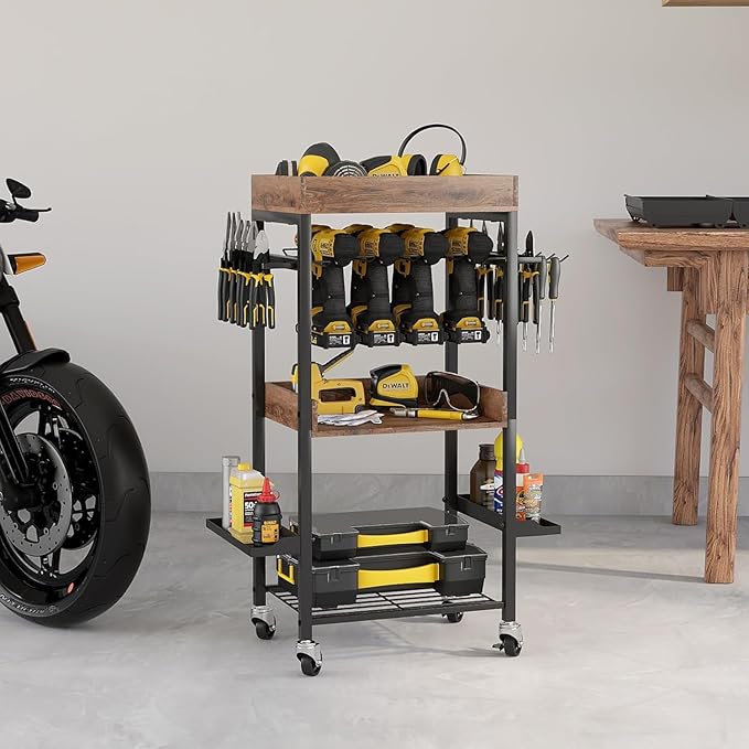 Power Tool Organizer Cart Metal Floor Standing Rolling Drill Rolling Tool Cart Box Organizer - 4 Layer Garage Storage Shelving with Wheels, for Workbench and Garage Gift for Men, Father.
