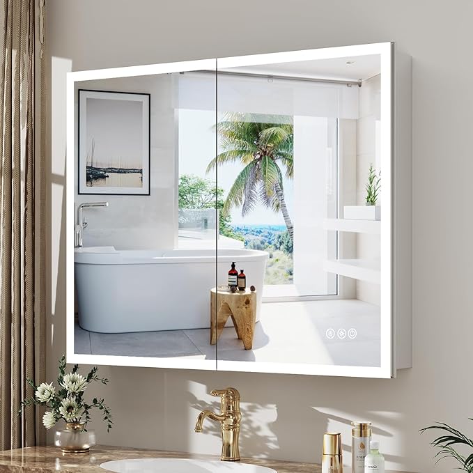 Medicine Cabinet with Lights, Bathroom LED Mirror Cabinet with Storage, Anti-Fog & 3 Color Lights, Recessed or Wall Mounted (40X32 in)