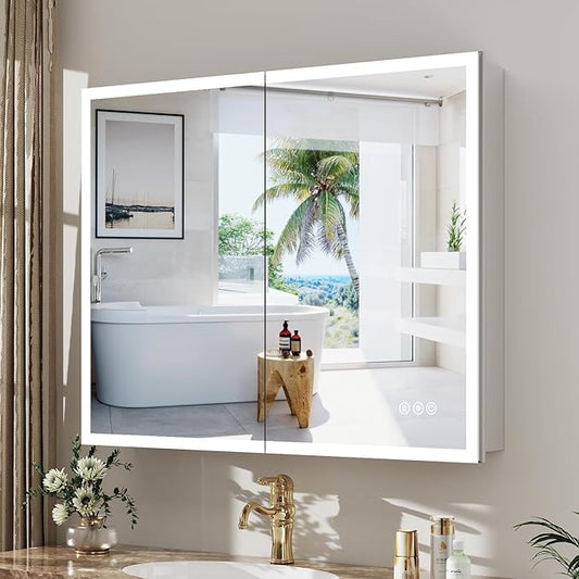 Medicine Cabinet with Lights, Bathroom LED Mirror Cabinet with Storage, Anti-Fog & 3 Color Lights, Recessed or Wall Mounted (40X32 in)