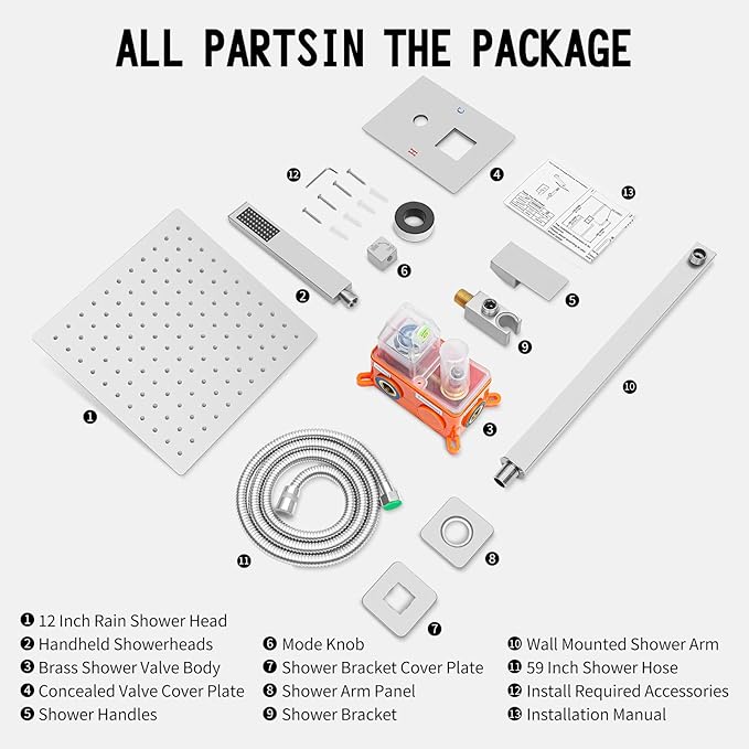 Bathroom Shower Faucet Set，12 Inch Rain Shower Head with Handheld Spray，Brass Shower Valve Trim Kit，Wall Mounted Square Rain Shower System (Brushed Nickel)