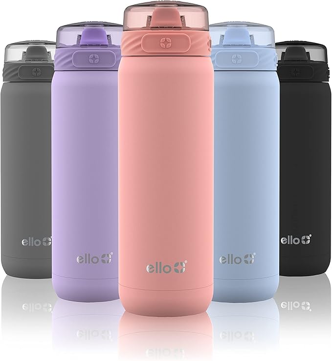 Ello Cooper 22oz Stainless Steel Water Bottle with Straw and Carry Handle, Double Walled and Vacuum Insulated Metal, Leak Proof Locking Lid with Soft Silicone Spout, Reusable, BPA Free, Coral