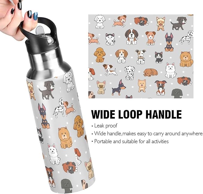 Cute Dog Stainless Steel Water Bottle with Straw Lid - 20 Oz Sports Insulated Water Bottle Thermos for Sport Gym Outdoor Travel School