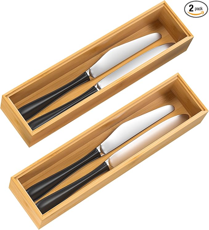 Silverware Tray for Drawer, Stackable Kitchen Bamboo Drawer Organizer 12" x 3" x 2" Set of 2