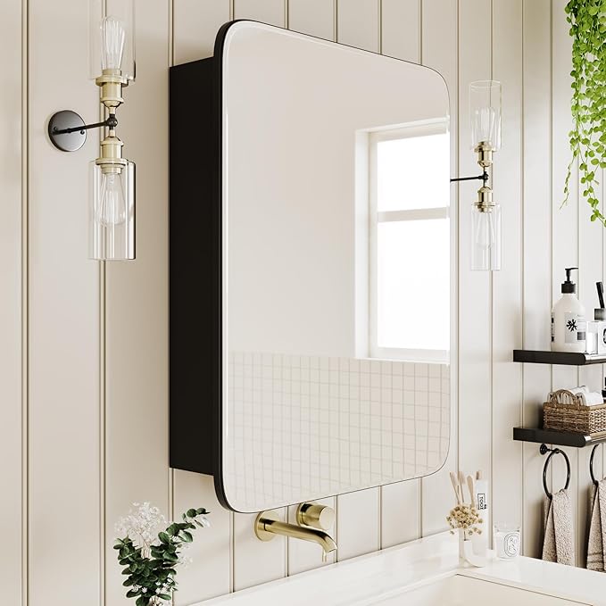 Bathroom Wood Black Cabinet with 20''x30'' Curved Mirror, Recessed Medicine Cabinet, Bathroom Storage Cabinet