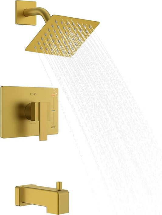 KENES Brushed Gold Shower Trim Kit, Modern Shower Faucet with Single-Spray Square Stainless Rain Shower Head, Tub and Shower Trim Kit Gold, KE-6025A-4 (Shower Valve Included)