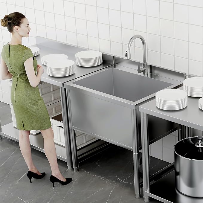Stainless Steel Commercial Restaurant Sink, Freestanding Large Commercial Sink with Pull-out Faucet for Kitchen Dishwashing, Thawing, Pet Cleaning, Laundry Room, 23.6"D x 27.5"W x 36.8"H