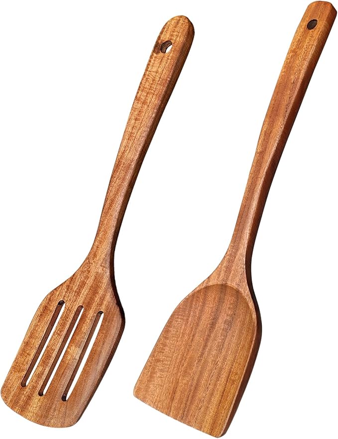 Wooden Spatulas for Cooking Non-Stick Kitchen Pan Toolset 2 PCS Set, Natural Teak Kitchen Utensils,Smooth Finish Utensils Fried Spatula,Turner Non-Stick Wooden Cooking Utensils