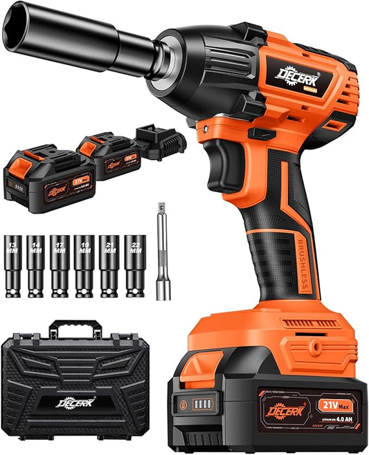 Cordless Impact Wrench 1/2 Inch, [Brushless] [REAL 400N.m] [2350 RPM], Impact Gun with 2×4.0Ah Battery [21V MAX], Power Electric Wrench for Car Tire/House/Mower, [6 Sockets] [Storage Box]