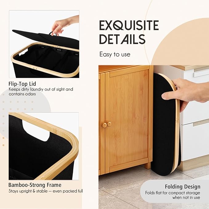 160L Laundry Sorter Hamper with Lid, 3 Section Extra Large Dirty Clothes Basket with Handles, 3 Removable Liner Bags & Labels, Black