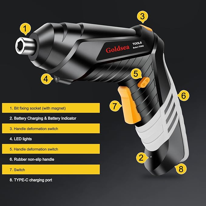 Electric Screwdriver Goldsea 4.2V Cordless Screwdriver 3.5N.m 1500mAh Type-C Charging 10pcs Screwdriver Bits 1/4” Hex Chuck 90°/180° deformation handle Forward and reverse adjustment LED Light