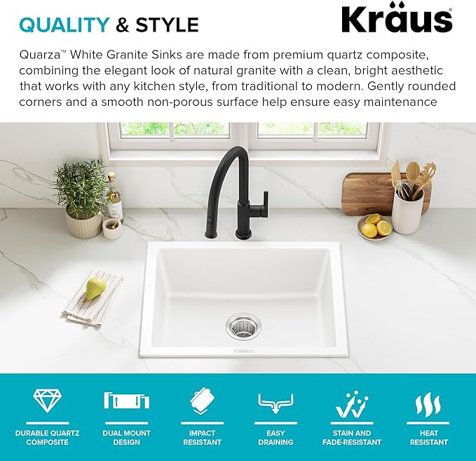 KRAUS Quarza 24-inch Granite Drop-In/Undermount Single Bowl White Kitchen Sink, KGD-410BWHITE
