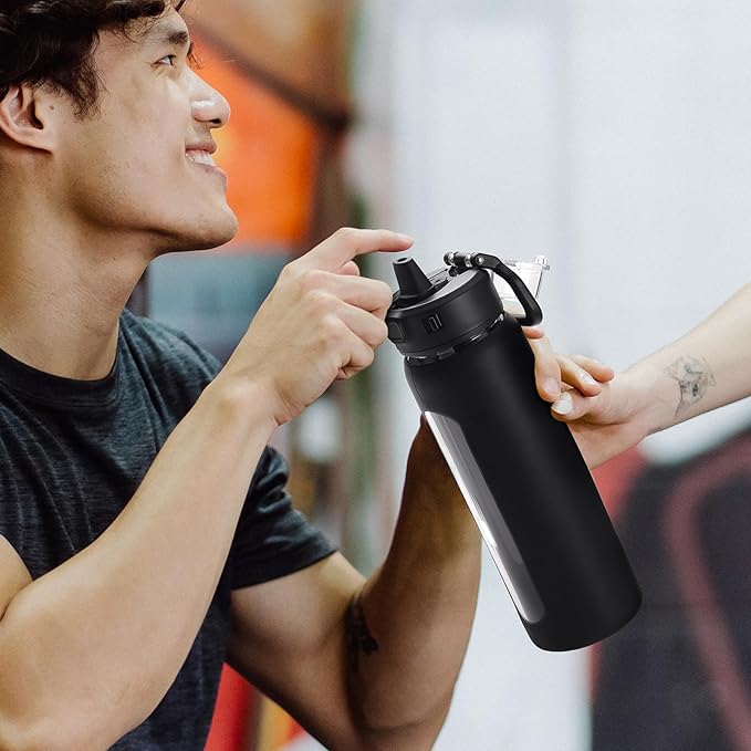 Kodrine Water Bottle With Straw and Carry Handle, Glass Water Bottle 24 oz Leak Proof Locking Lid with Soft Silicone Spout, Small Clear Water Bottle, Travel Sports Water Jug, Time Marker, Black